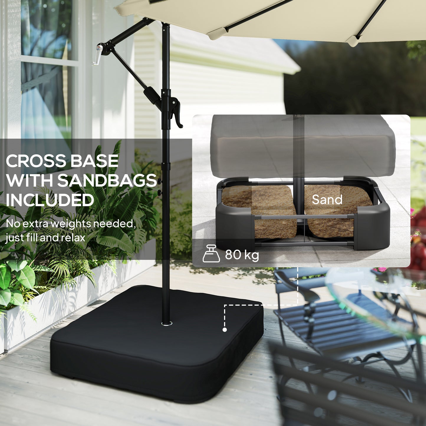 Outsunny 3 m Cantilever Garden Parasol With Cross Base Sandbag 360 Degree Rotation Overhanging Banana Umbrella Beige
