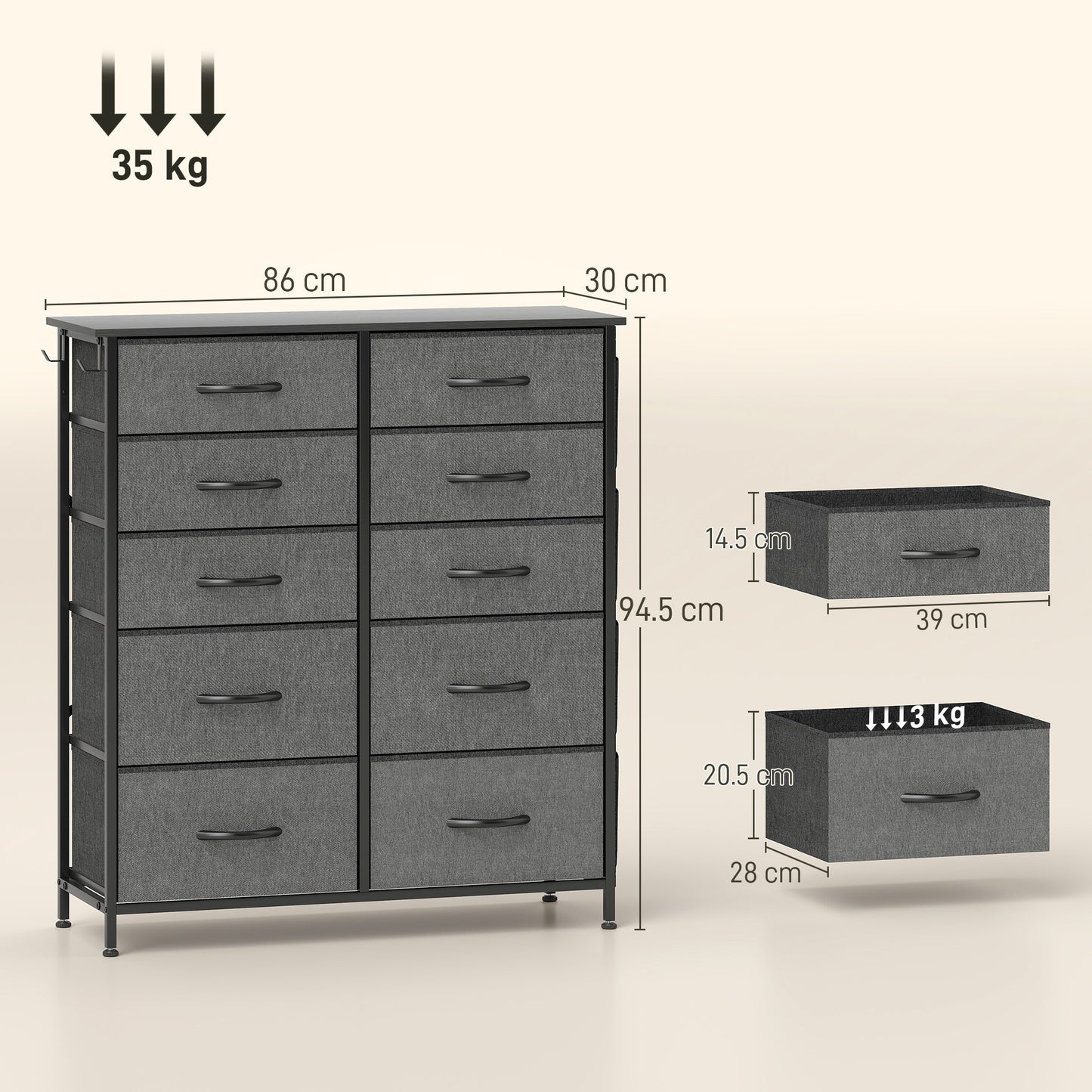 HOMCOM Chest Of Ten Fabric Drawers Charcoal Grey With Six Small And Four Large Drawers Four Side Pockets And Two Hooks