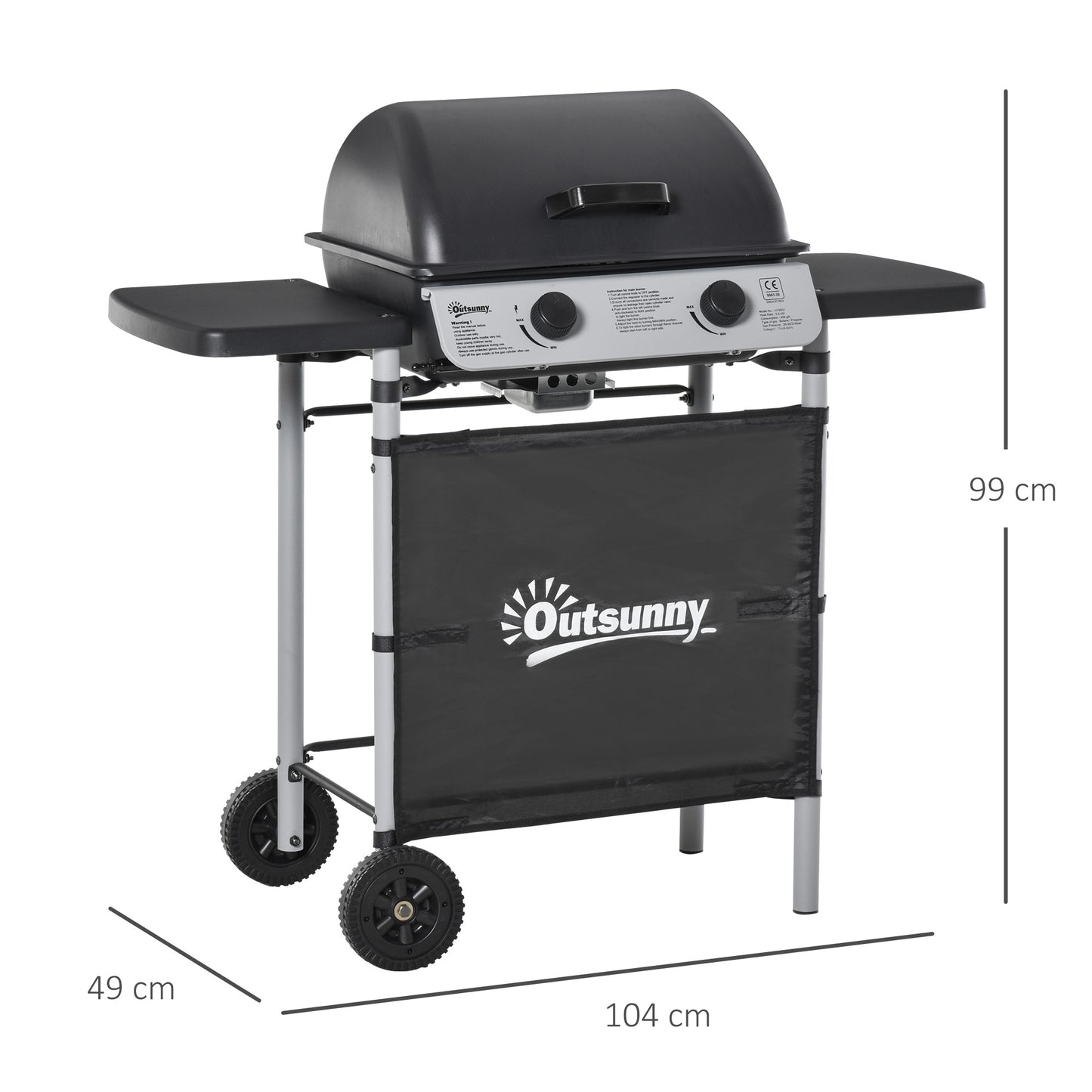 Outsunny Gas BBQ Grill With Two Point Eight kW Burners Individually Controlled And Two Extending Side Tables Grey