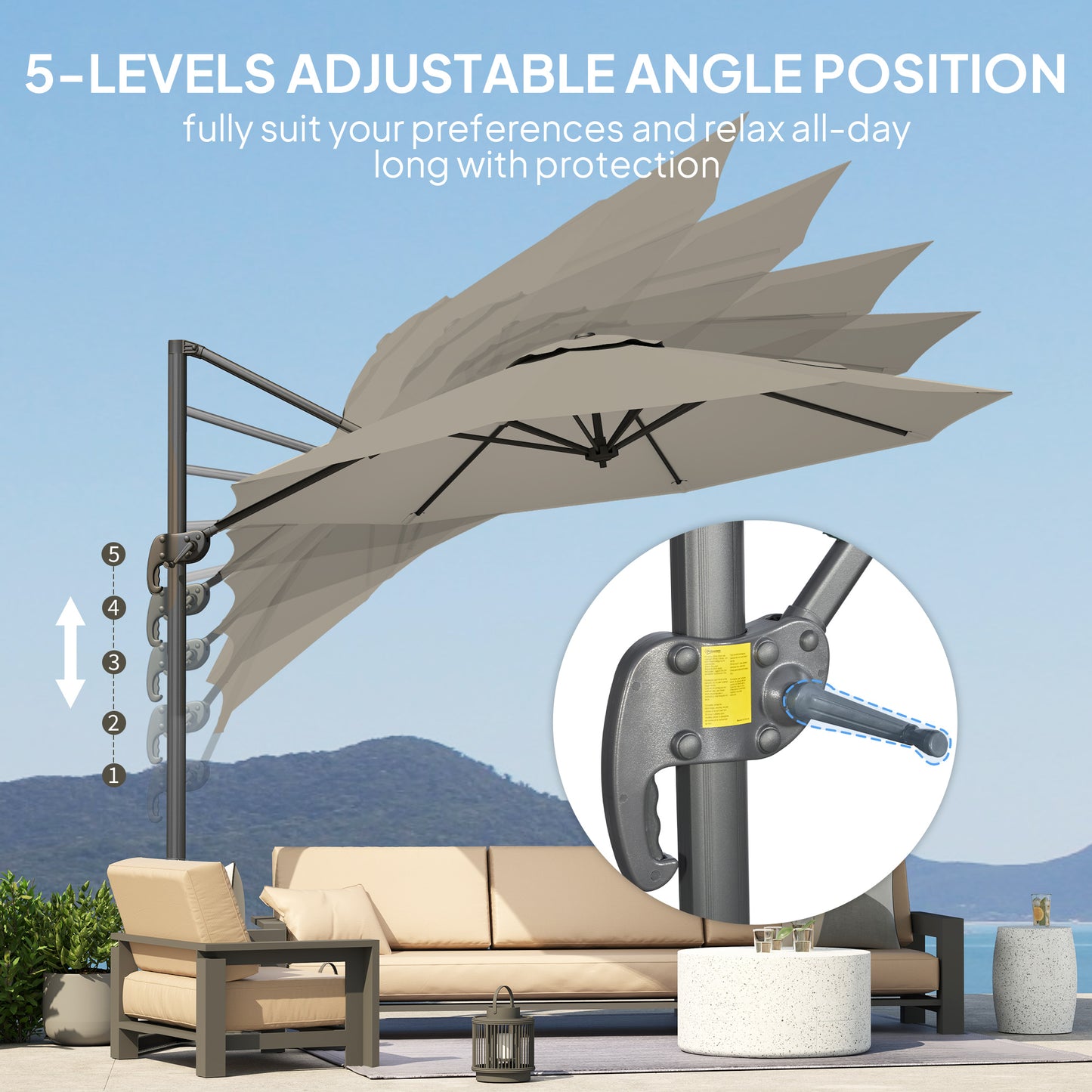 Outsunny 3m Five Angle Cantilever Parasol With Aluminium Frame And 360 Degree Rotating Canopy Light Grey