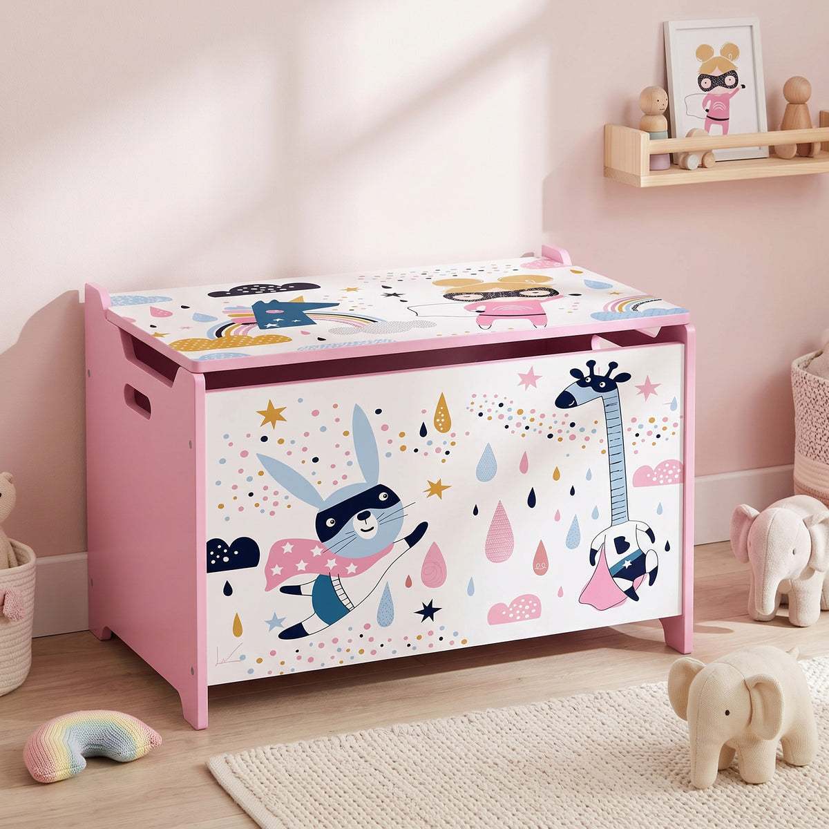 Pink wooden toy chest with flip-top lid and colorful animal illustrations