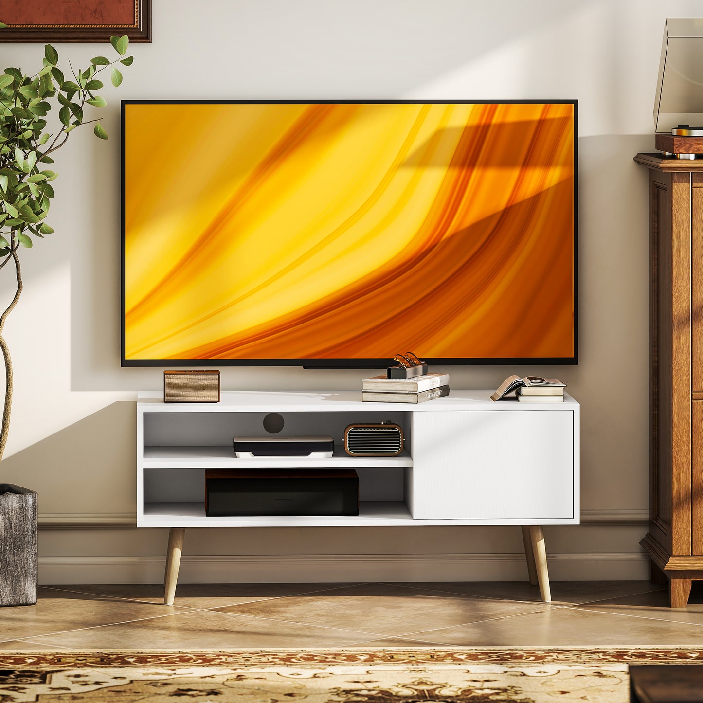 HOMCOM TV Stand Up To 55 Inches White Media Console With Open Shelves And Cable Holes