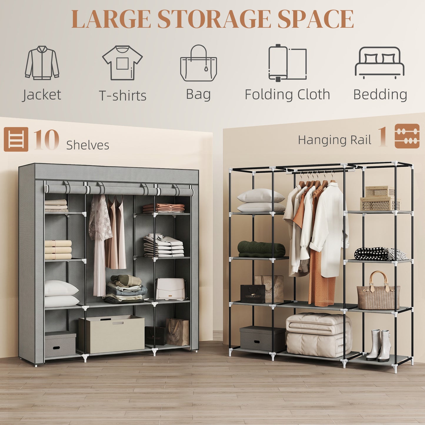 HOMCOM Clothes Storage Organiser With Hanging Rail And Shelves Portable Wardrobe Foldable Fabric Wardrobe Light Grey
