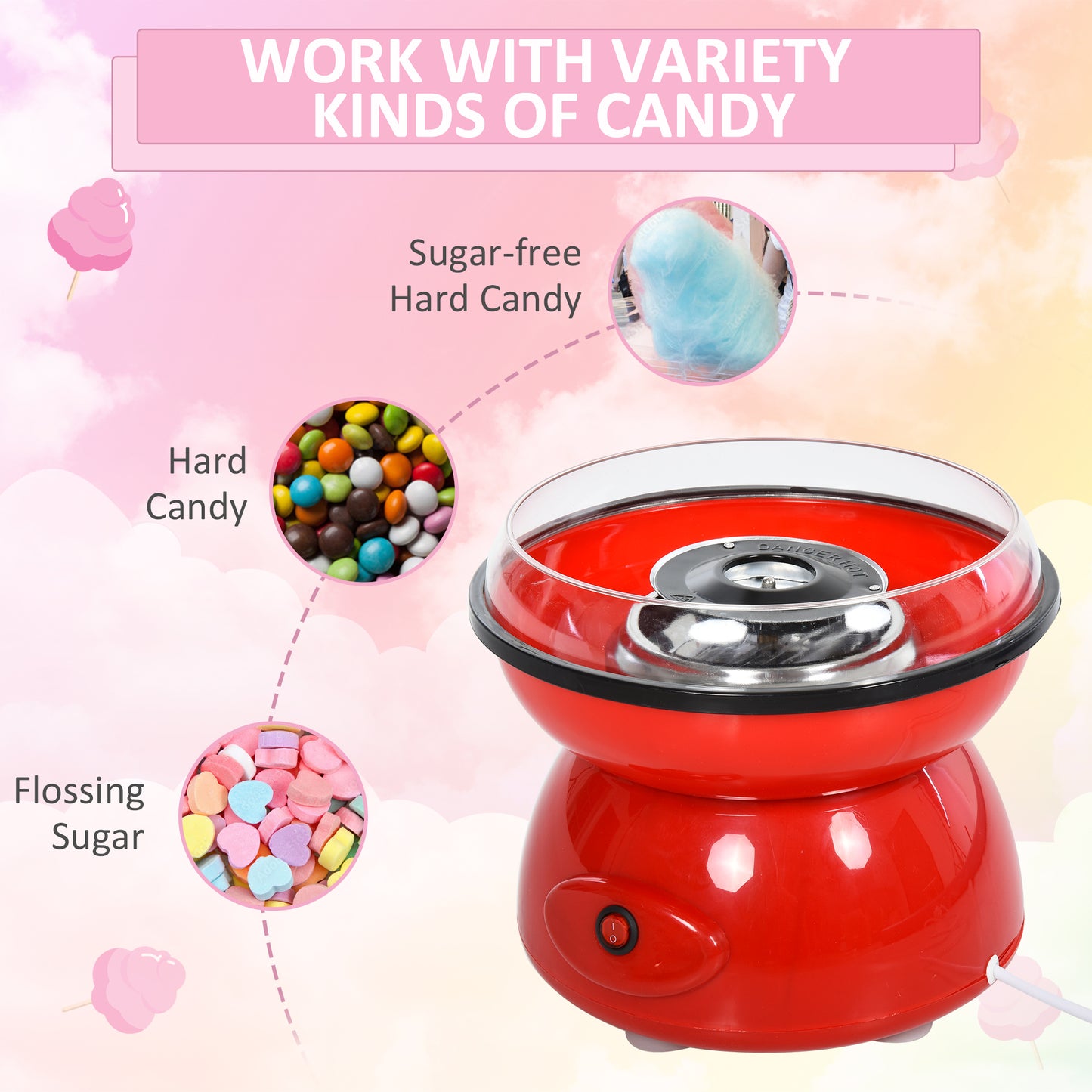 HOMCOM 450W Cotton Candy Machine Kit with Non-Stick Plates - Perfect for Parties and Family Fun, Includes Accessories and Metal Body, Red - ALL4U RETAILER LTD