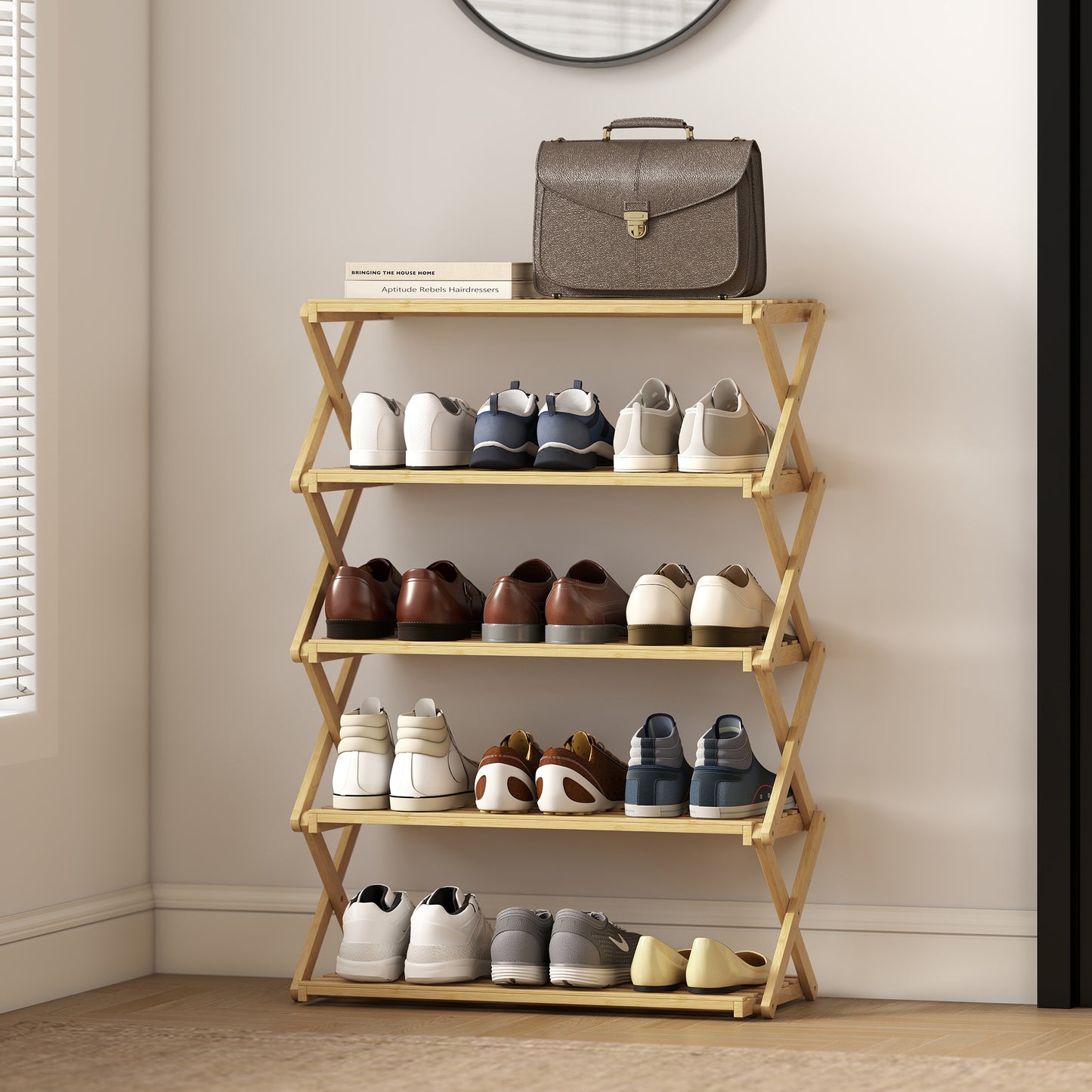 HOMCOM Five Tier Folding Bamboo Shoe Rack That Holds Up To 15 Pairs With Natural Finish