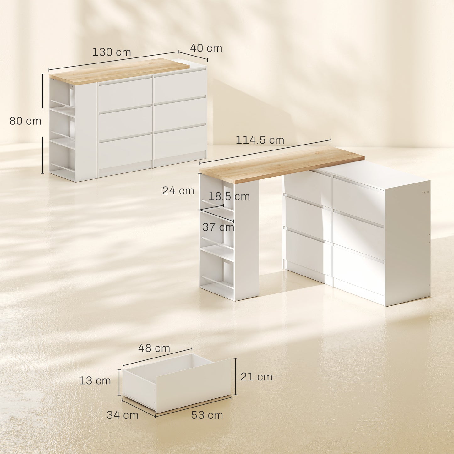 HOMCOM Vanity Table with 6 Drawers and 3 Tier Shelf White Convertible Dressing Table for Corner or Open Wall