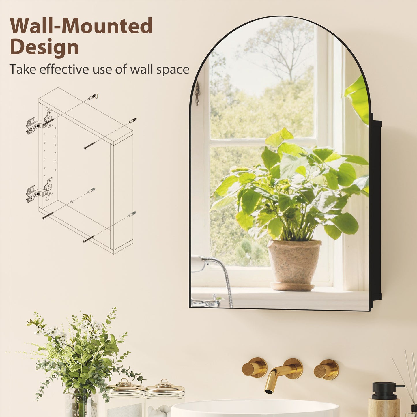 HOMCOM Arched Wall Mounted Bathroom Mirror Cabinet With Storage Shelves Black Finish Fully Assembled