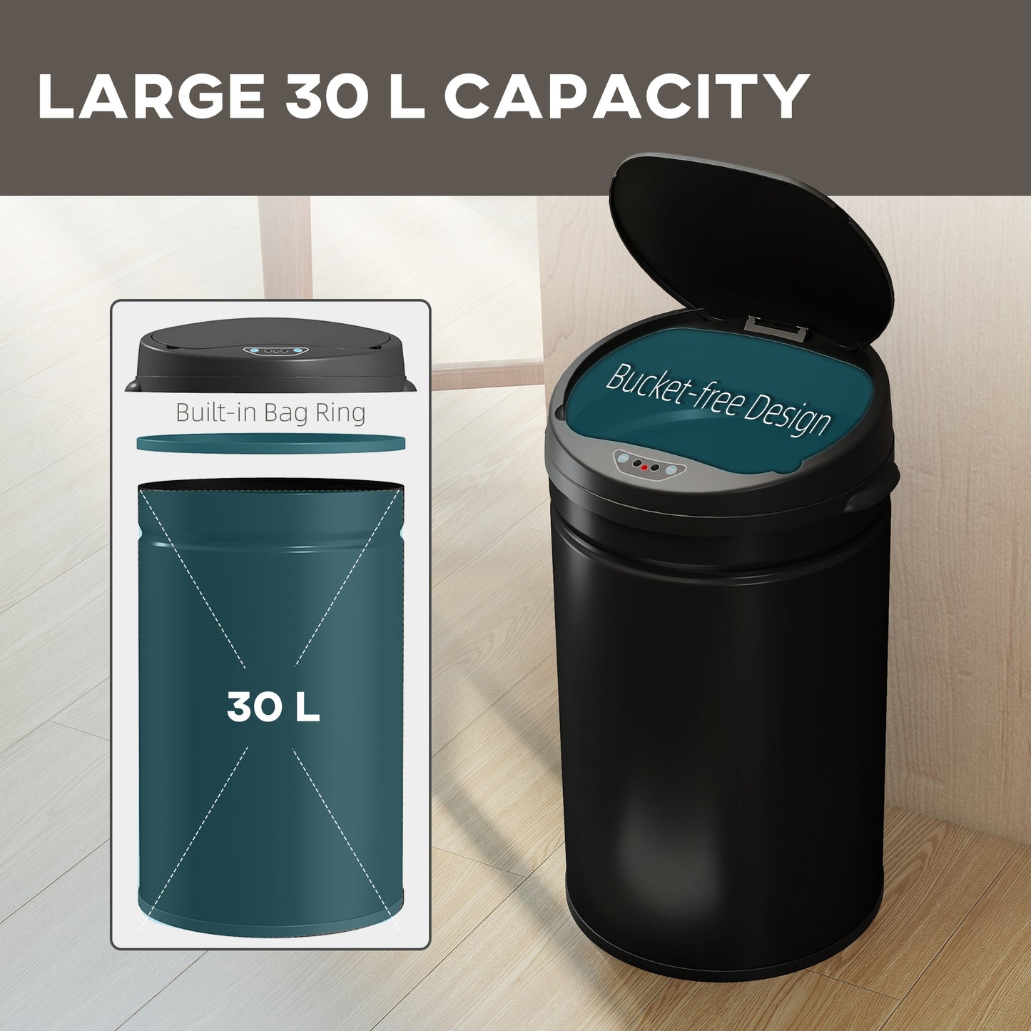 HOMCOM 30L Stainless Steel Sensor Bin Auto Open Hands Free Lid For Modern Kitchen Black