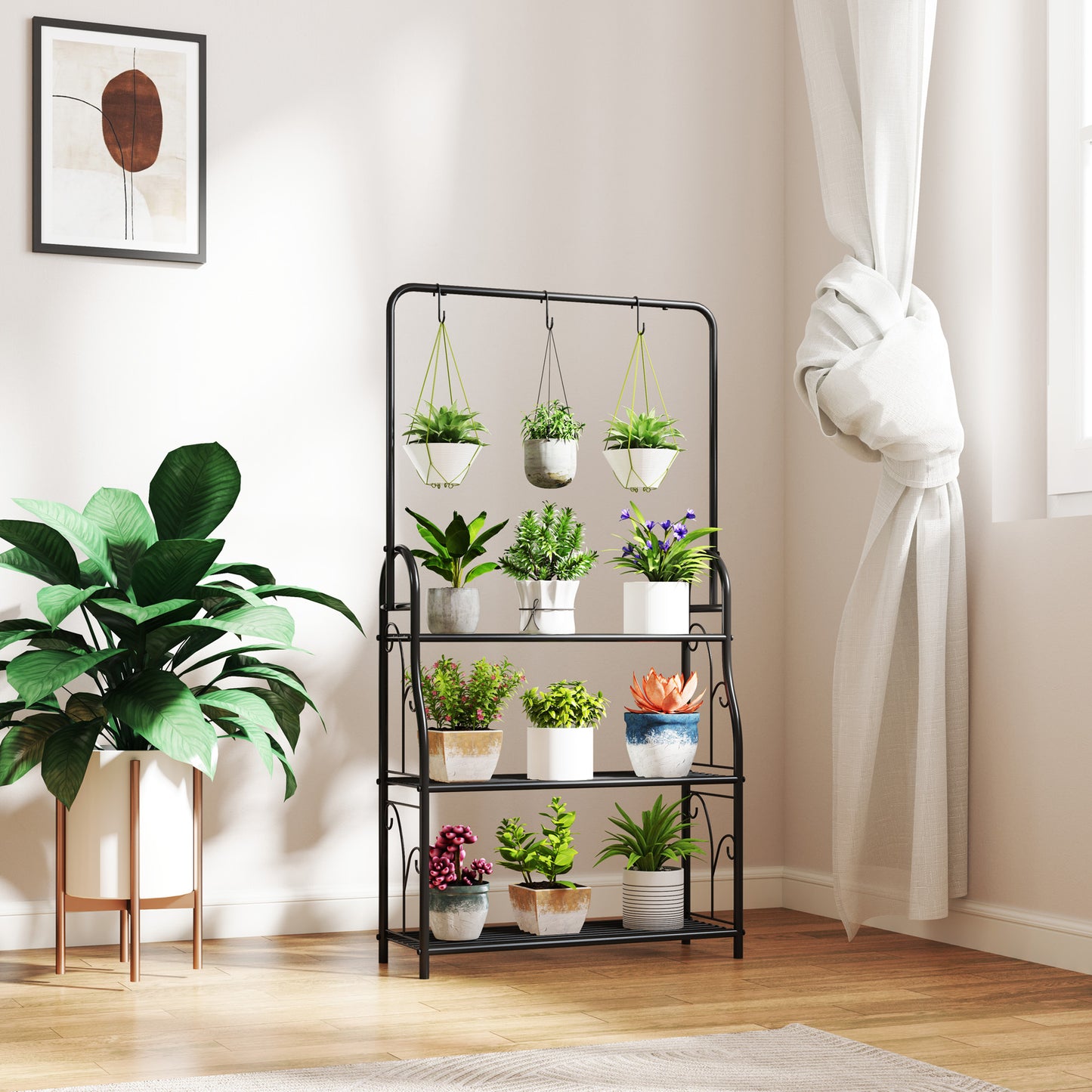 Outsunny 3 Tier Plant Stand With Hanging Rod And Hooks Metal Rack For Indoor Outdoor Porch Balcony Black