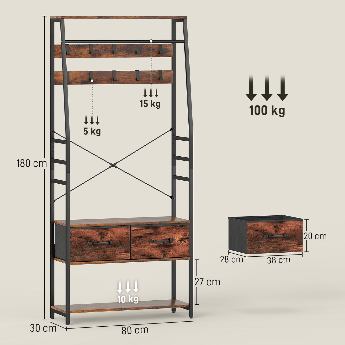 HOMCOM 6 In 1 Industrial Style Hallway Organizer With Coat Rack And Shoe Storage Brown Black