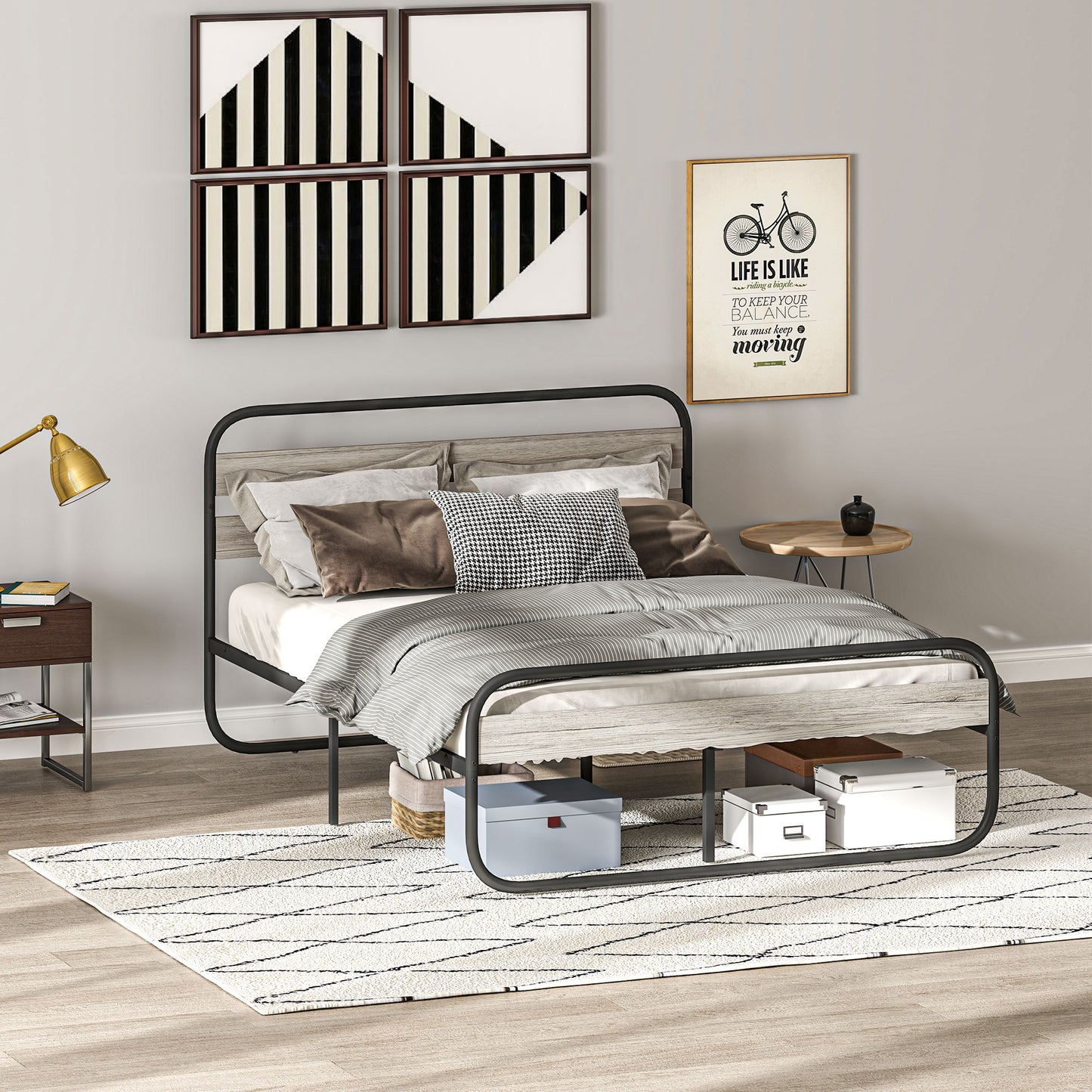 HOMCOM 4ft6 Double Bed Frame Metal Platform Bed With Under Bed Storage No Box Spring Needed Easy Assembly Grey