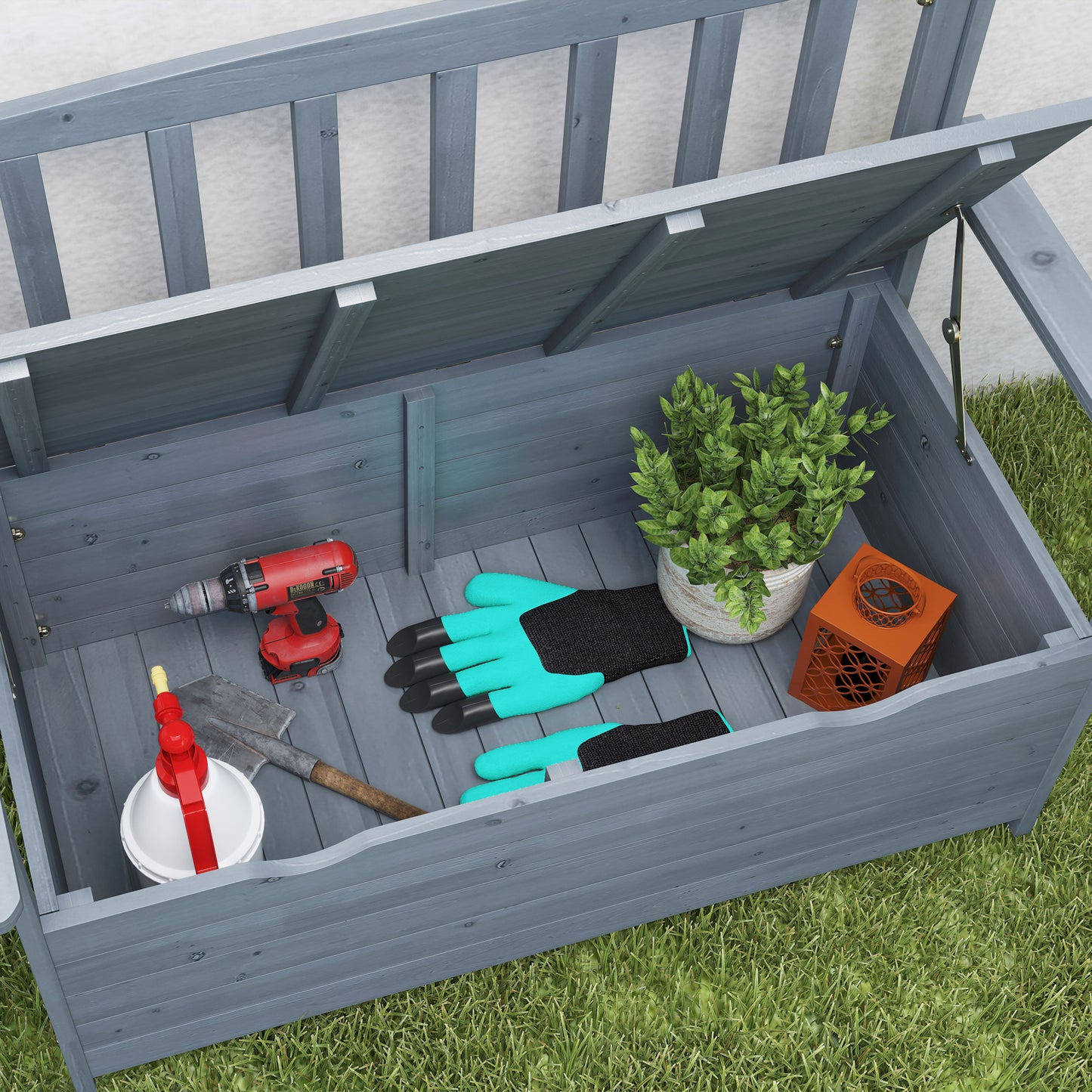 Outsunny Two Seater Garden Storage Bench Built From Fir Wood With Hidden Tool Storage Grey
