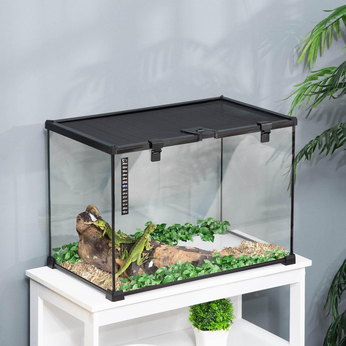 PawHut 50 x 30 x 35 cm Glass Reptile Habitat with Thermometer, Versatile Breeding Tank for Lizards, Frogs, and Snakes - Black - ALL4U RETAILER LTD