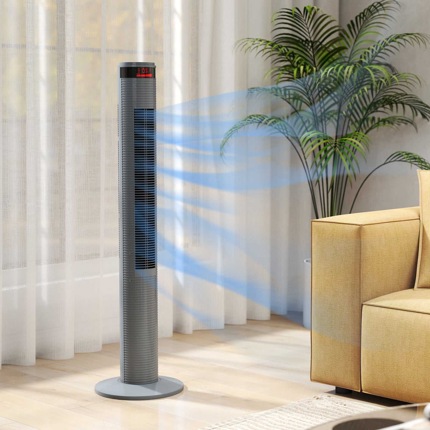 HOMCOM Oscillating Tower Fan With Remote Control LCD Screen 3 Speed 4 Wind Modes Grey