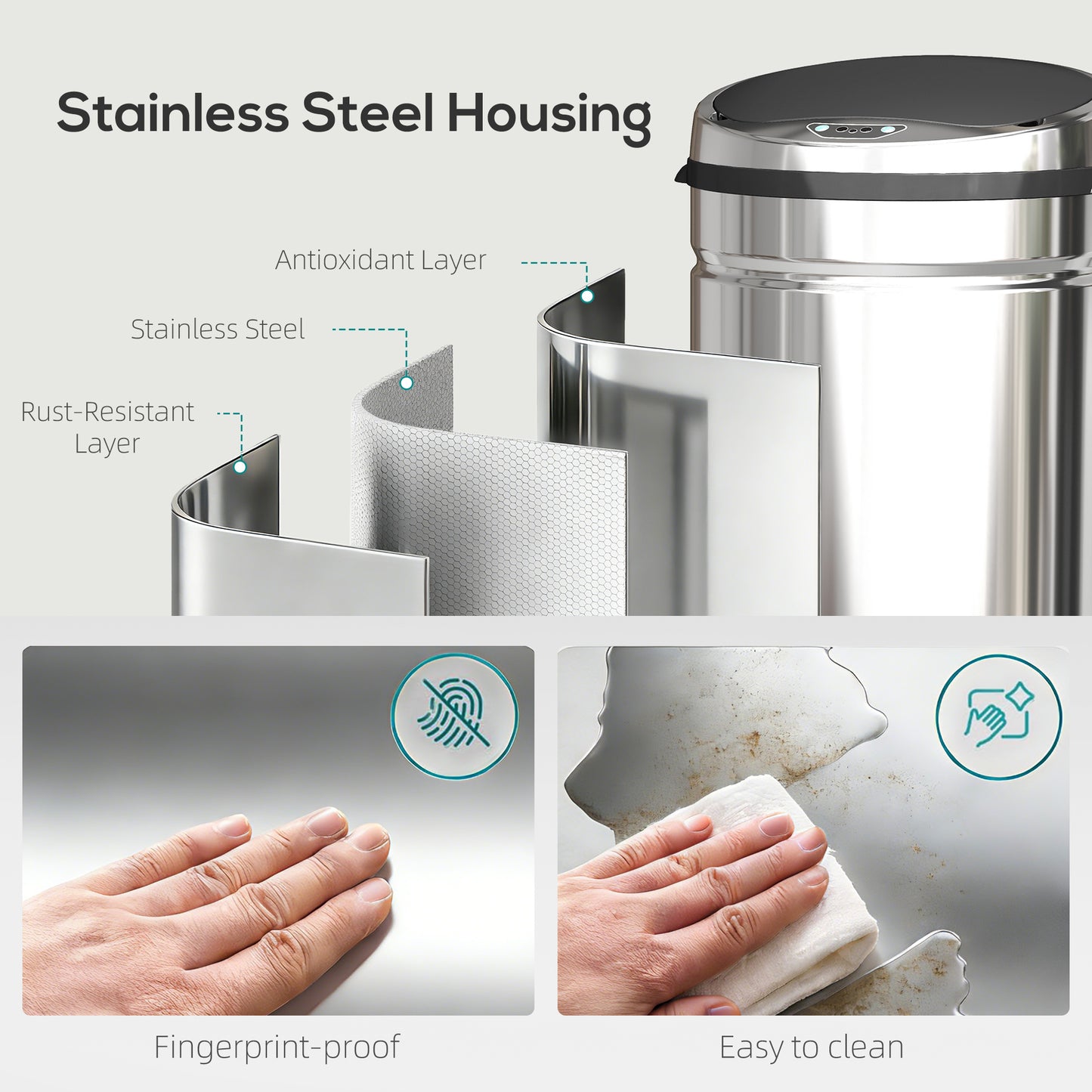 HOMCOM 50L Stainless Steel Trash Bin With Touchless Motion Sensor And Soft Close Lid Removable Inner Bucket