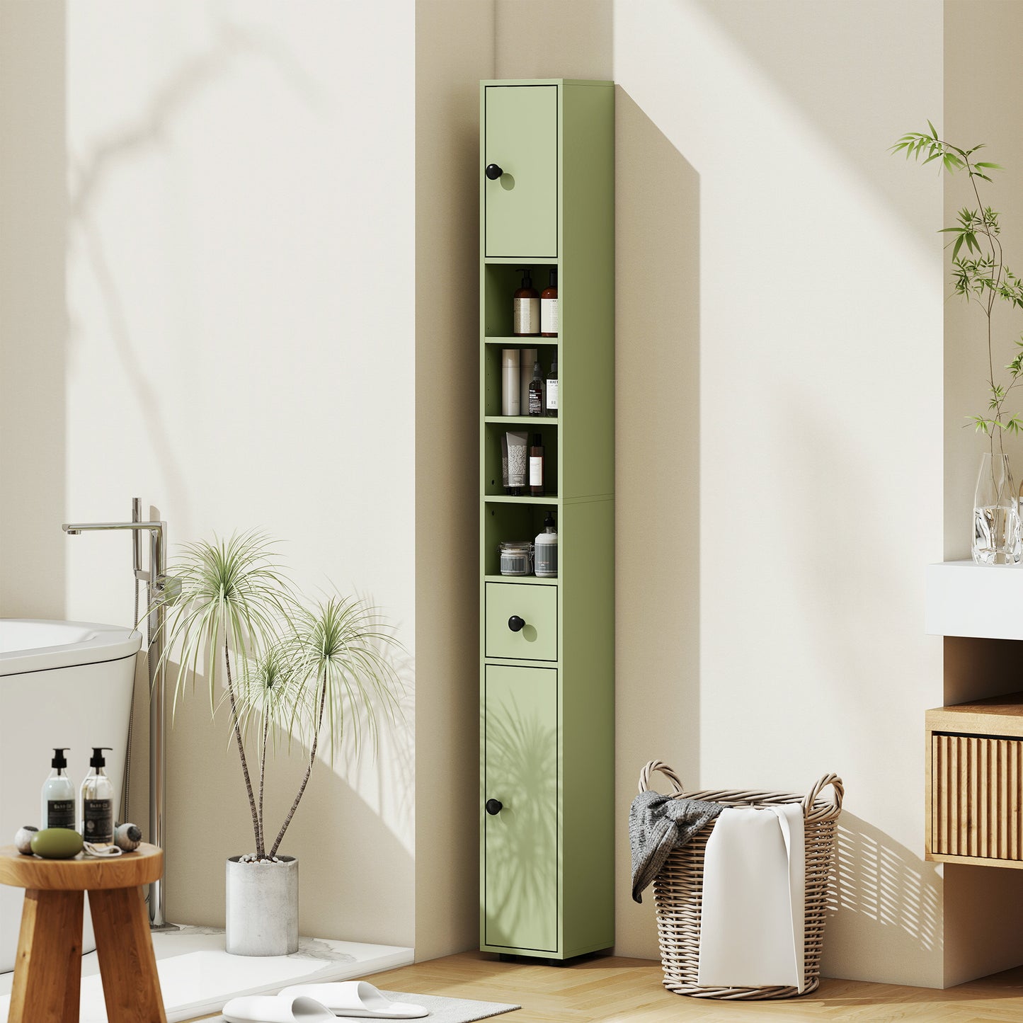 Kleankin 180cm Slim Bathroom Cabinet With Drawer Shelves And Cupboards For Tall Narrow Storage Green