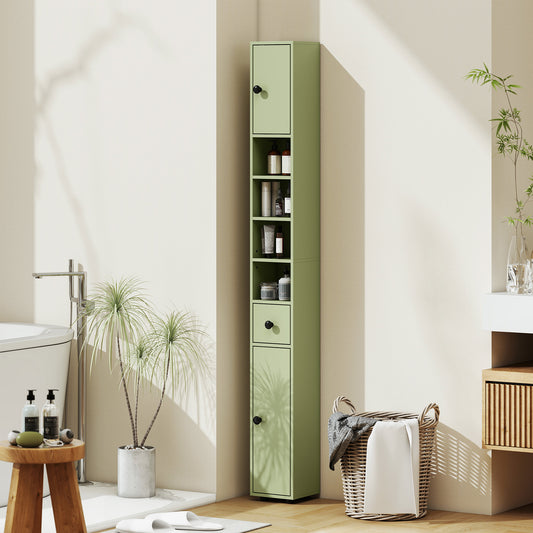 Kleankin 180cm Slim Bathroom Cabinet With Drawer Shelves And Cupboards For Tall Narrow Storage Green