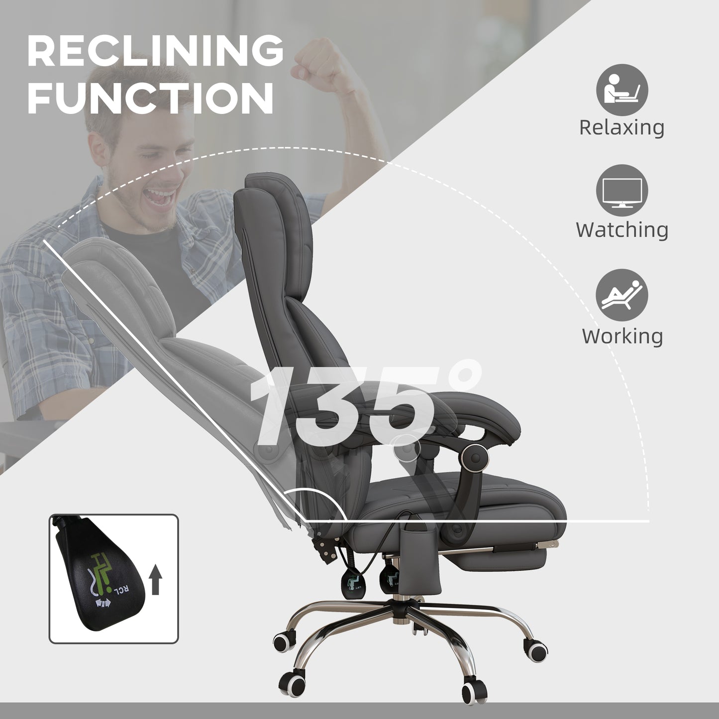 Vinsetto Heated Vibration Massage Computer Chair with Footrest and Reclining Feature in Grey PU Leather - ALL4U RETAILER LTD