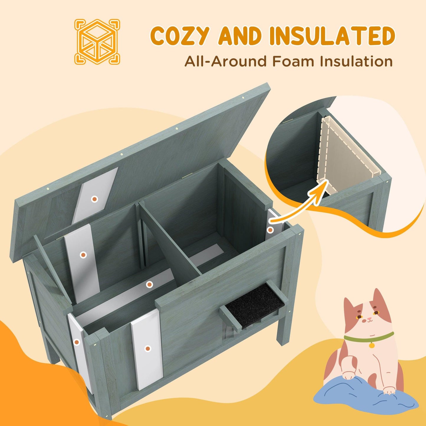 PawHut Feral Cat House Wooden Insulated with Removable Floor, Waterproof Openable Roof -Â Charcoal Grey - ALL4U RETAILER LTD