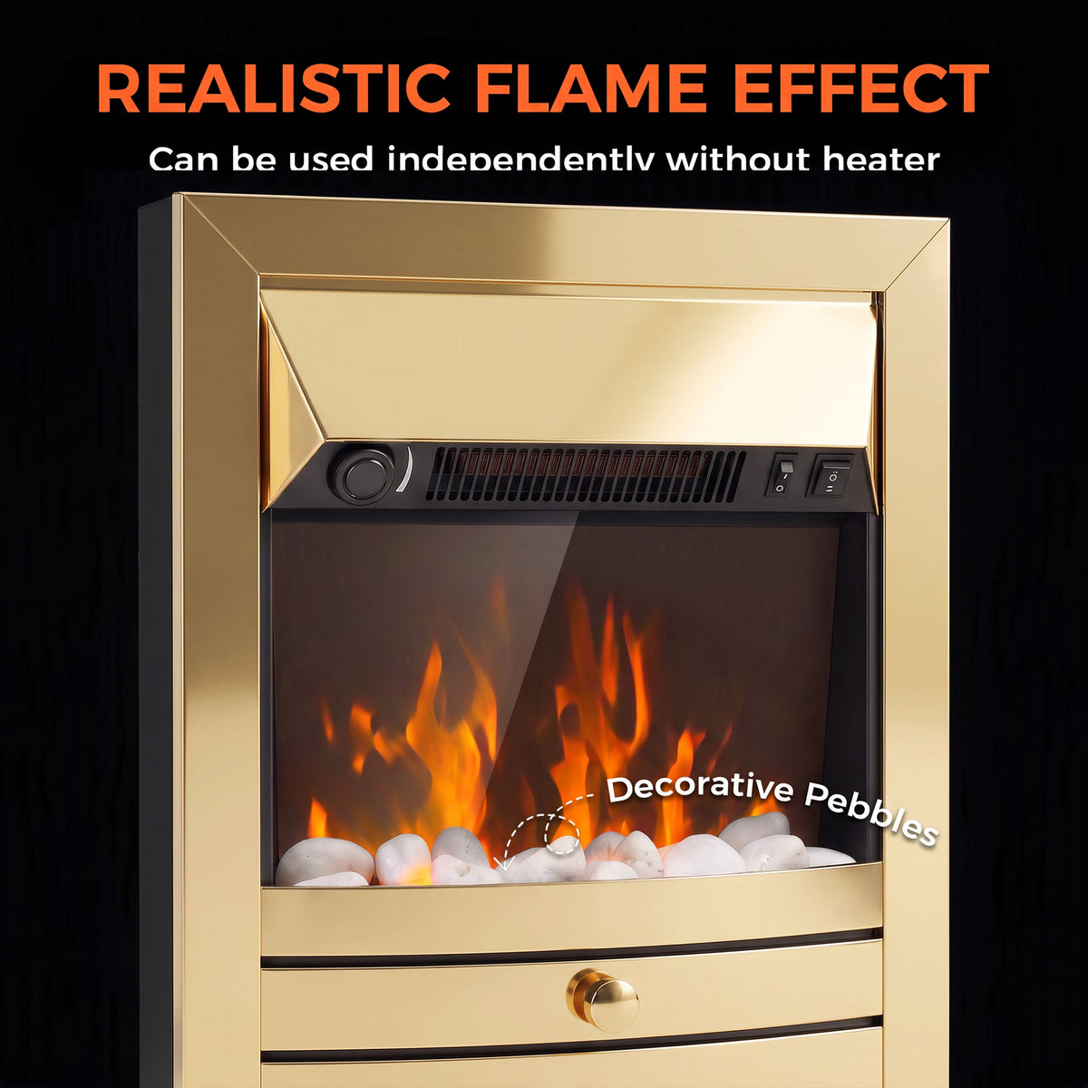 Close-up electric fireplace stove with realistic LED flame effect over decorative pebbles