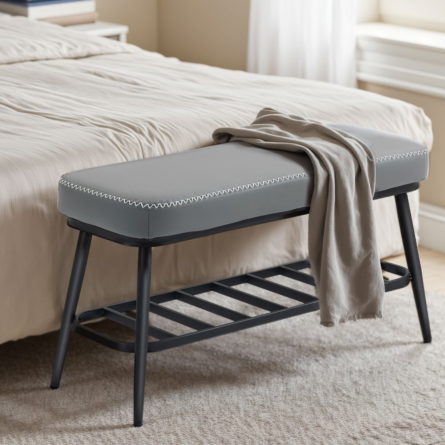HOMCOM PU Leather Shoe Storage Bench With 7cm Cushioned Seat In Grey Holds Up To 120 Kg