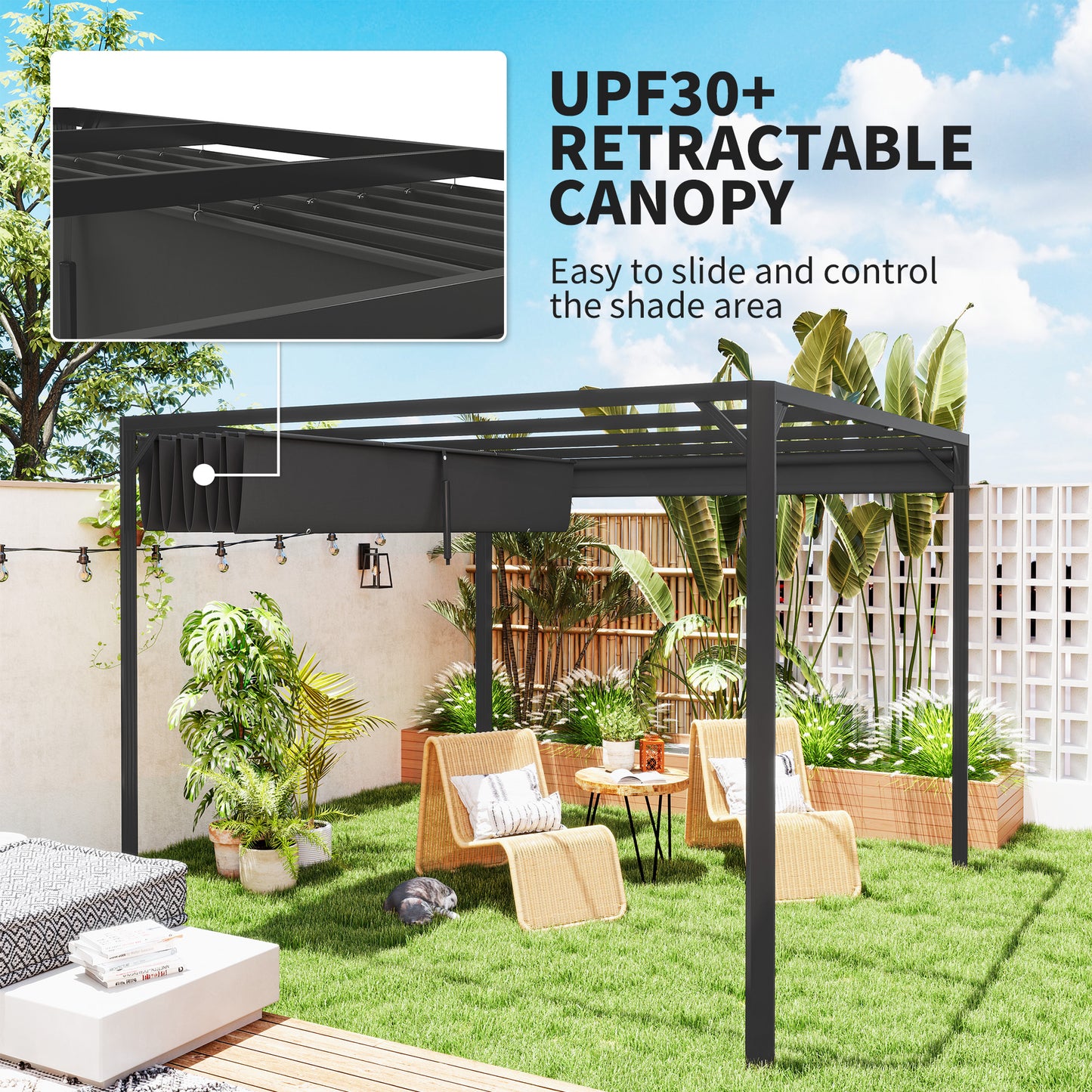 Outsunny 3x3m Aluminium Pergola With Retractable Roof And Wall For Outdoor Privacy Dark Grey