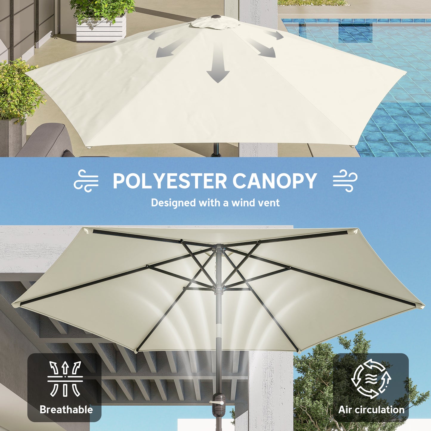 Outsunny 2.6m Garden Parasol Umbrella With Aluminium Pole Tilt Crank Vent Cream White