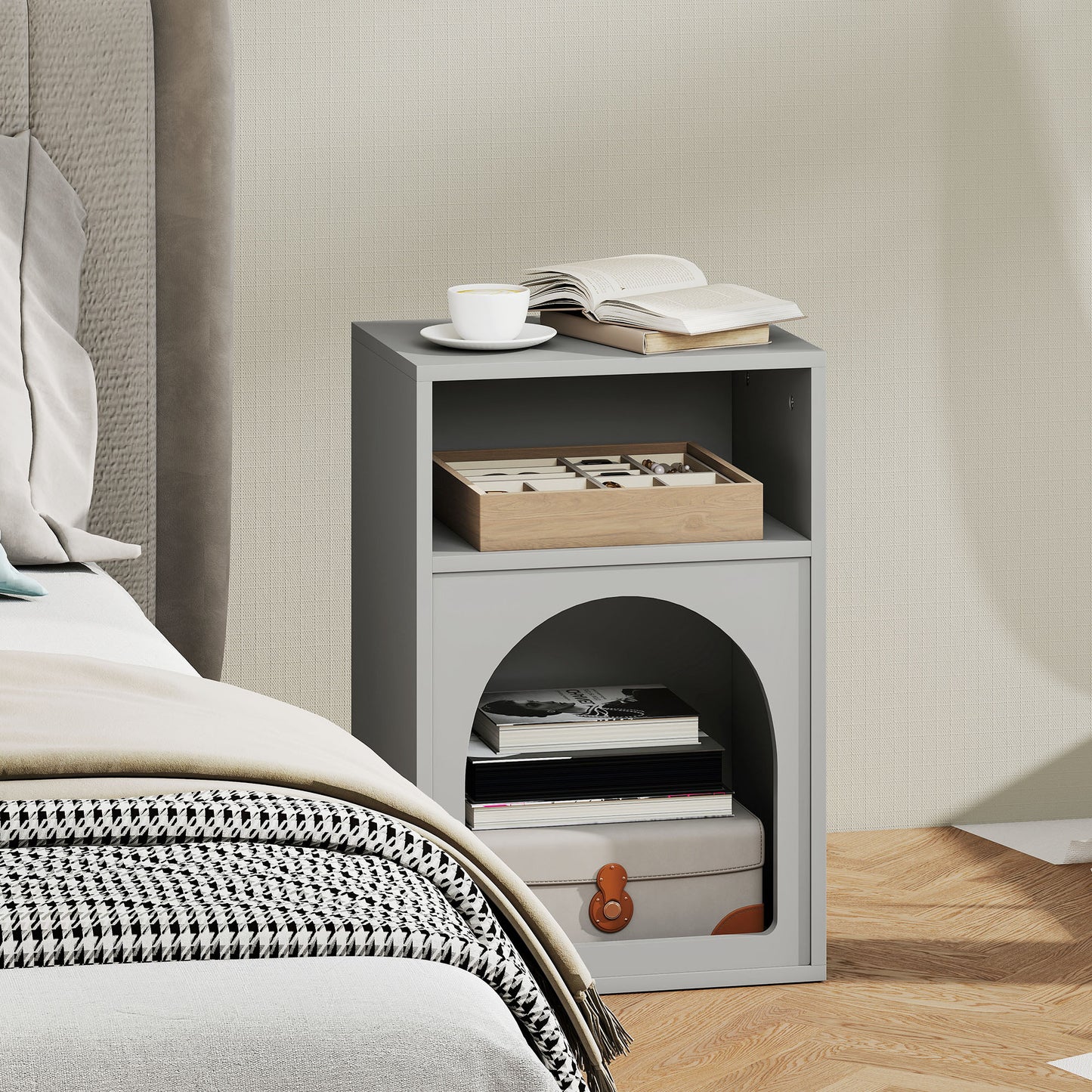 HOMCOM Bedside Table With Two Open Compartments Grey Arch Design End Table For Small Spaces