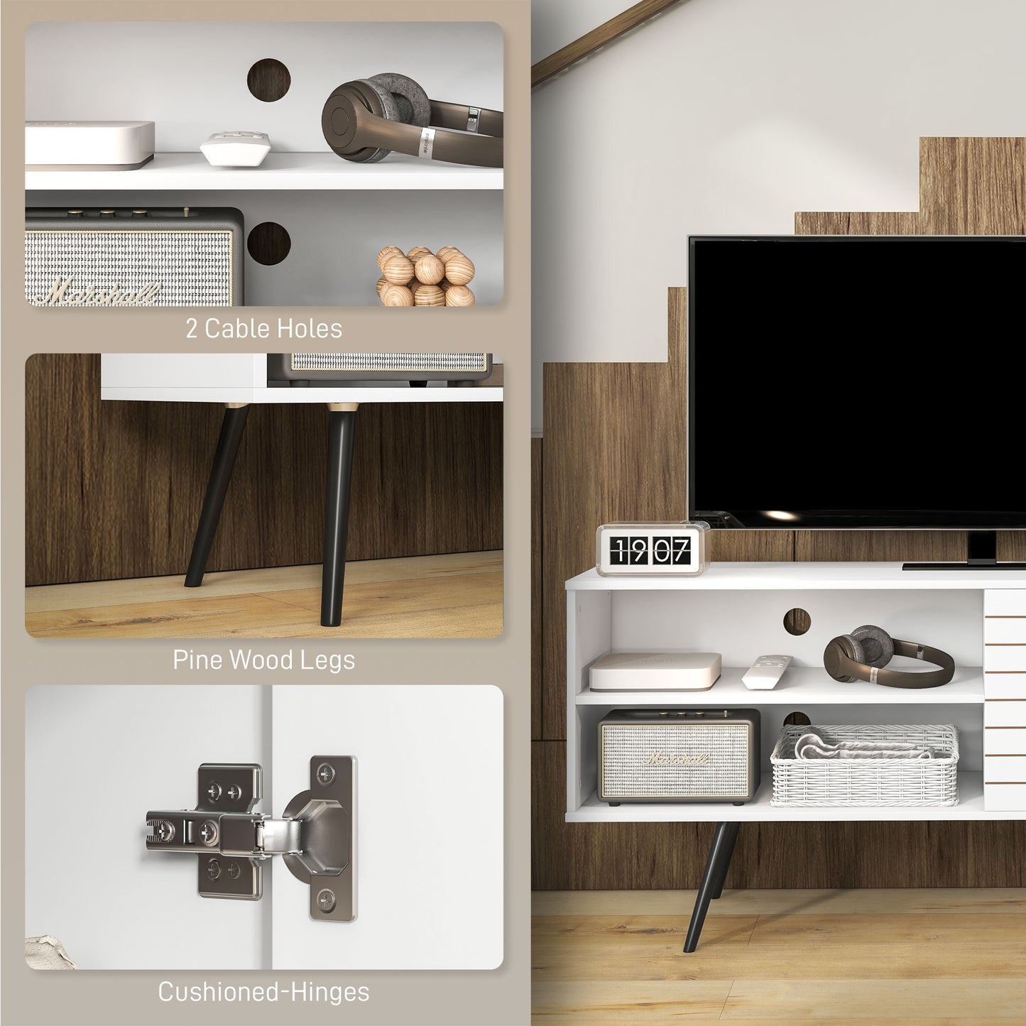 HOMCOM Modern White TV Stand Cabinet for 65 Inch Screens with Open Shelves & Soft-Close Doors - ALL4U RETAILER LTD