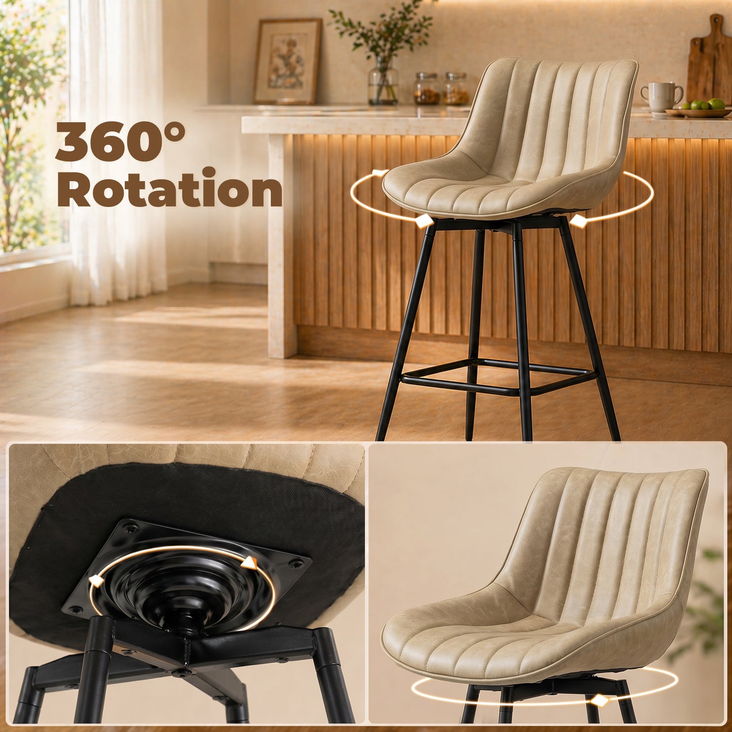 HOMCOM Set Of 2 PU Leather Swivel Bar Stools Light Brown 360 Degree Swivel For Kitchen Island