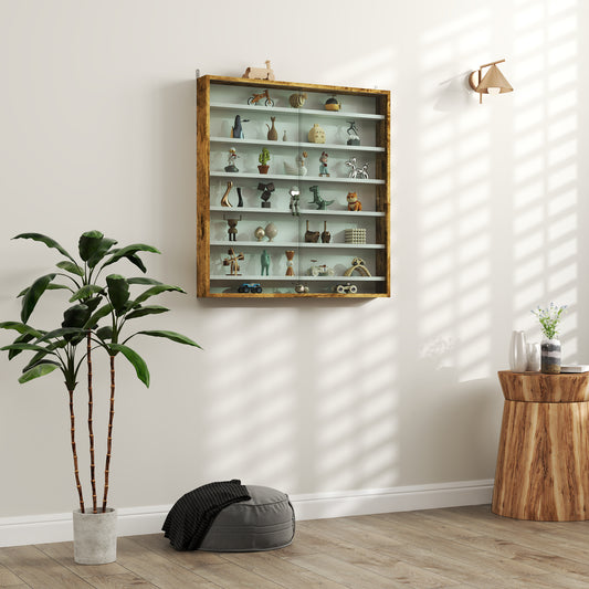HOMCOM Six Shelf Wall Display Cabinet With Glass Doors In Brown Ideal For Display And Storage