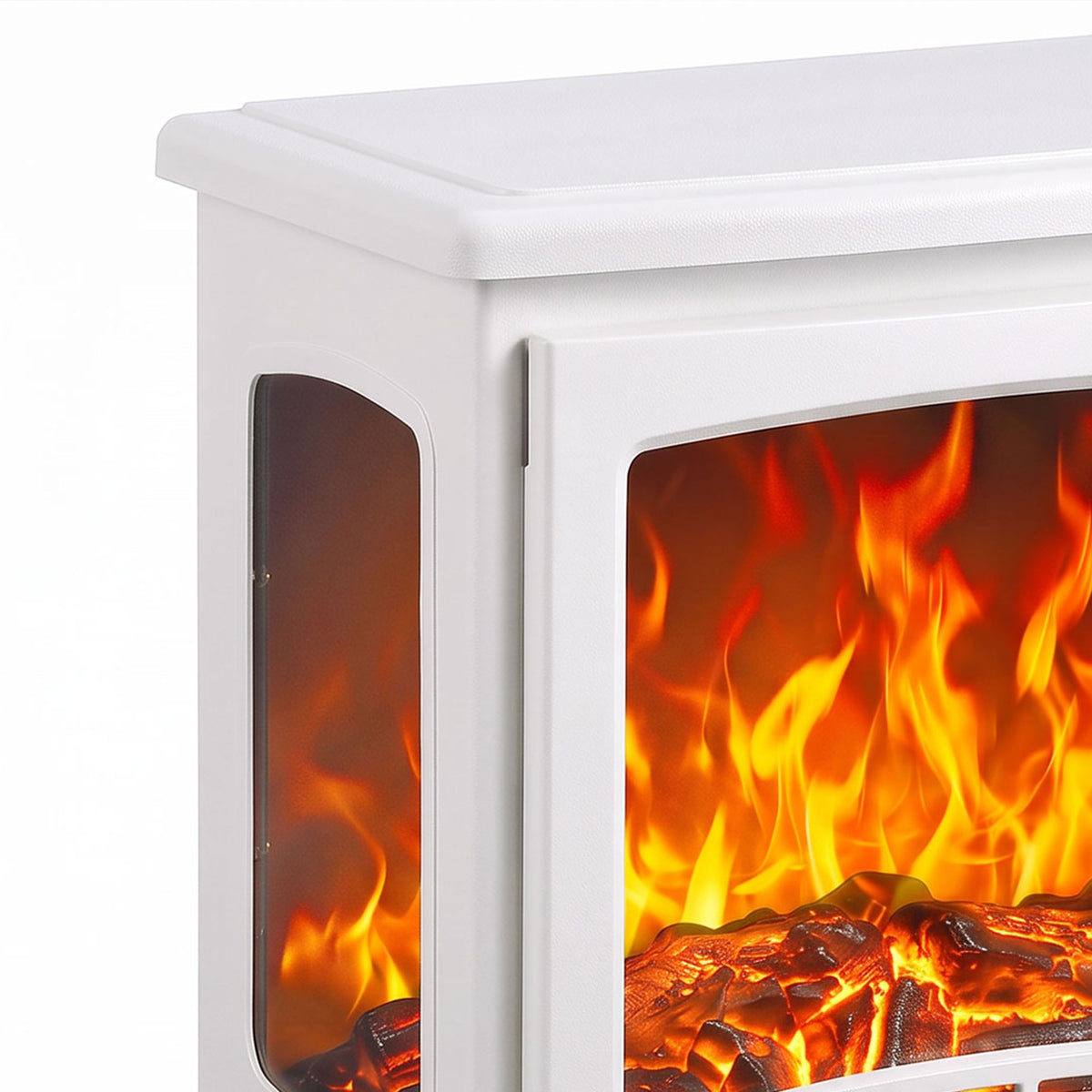 White electric fireplace heater front window with glowing orange flames