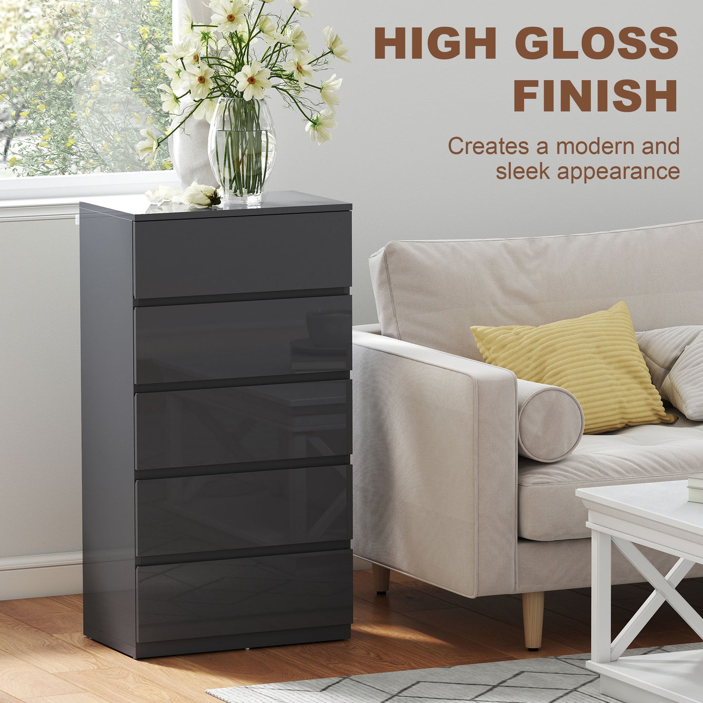 HOMCOM 5 Drawer Chest Of Drawers Modern Dresser Storage Cabinet For Bedroom Organization And Style
