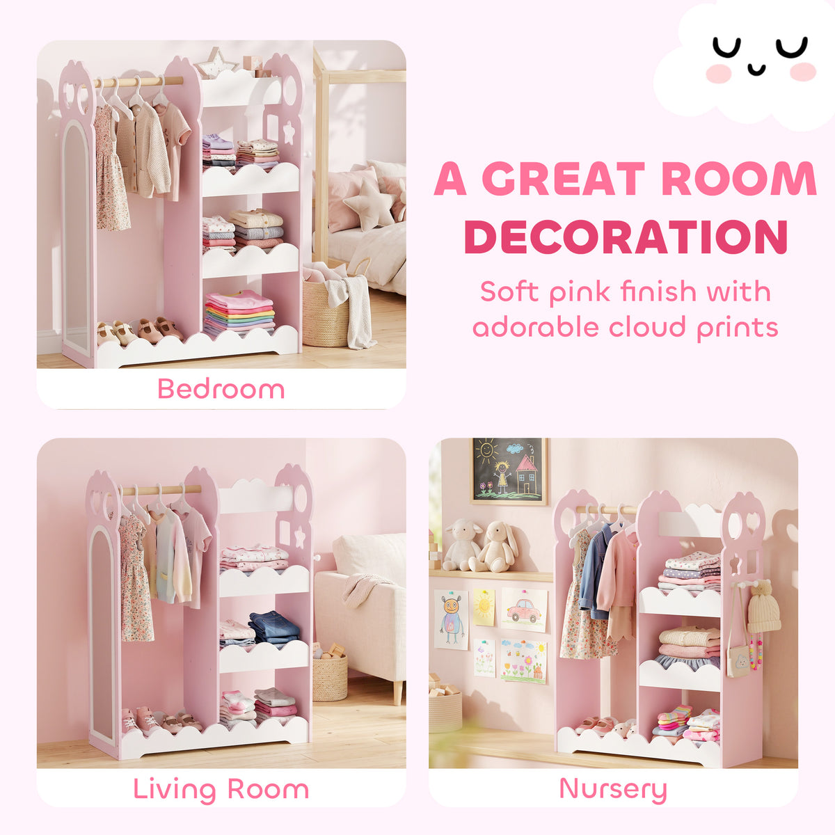 AIYAPLAY Kids Pink Wardrobe With Mirror Clothes Rail And Storage Shelves