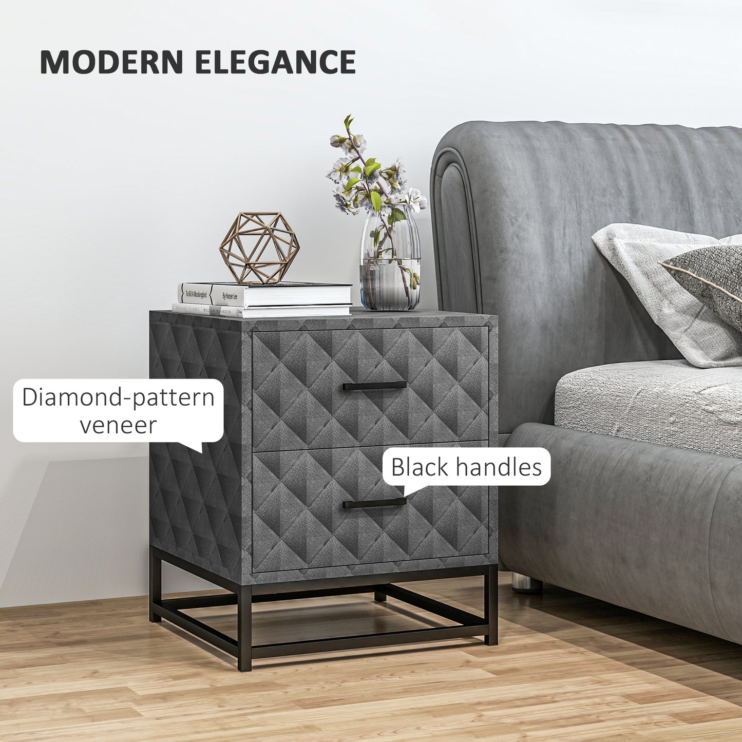 HOMCOM Bedside Tables Set Of 2 With 2 Drawers Modern Nightstands Grey Steel Legs Diamond Pattern Veneer End Tables