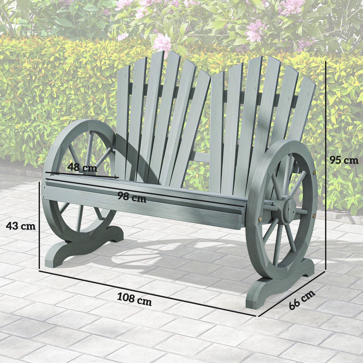 Outsunny Fir Wood Love Seats With Wheel-Shaped Armrests Large Load-Bearing Outdoor Patio Grey