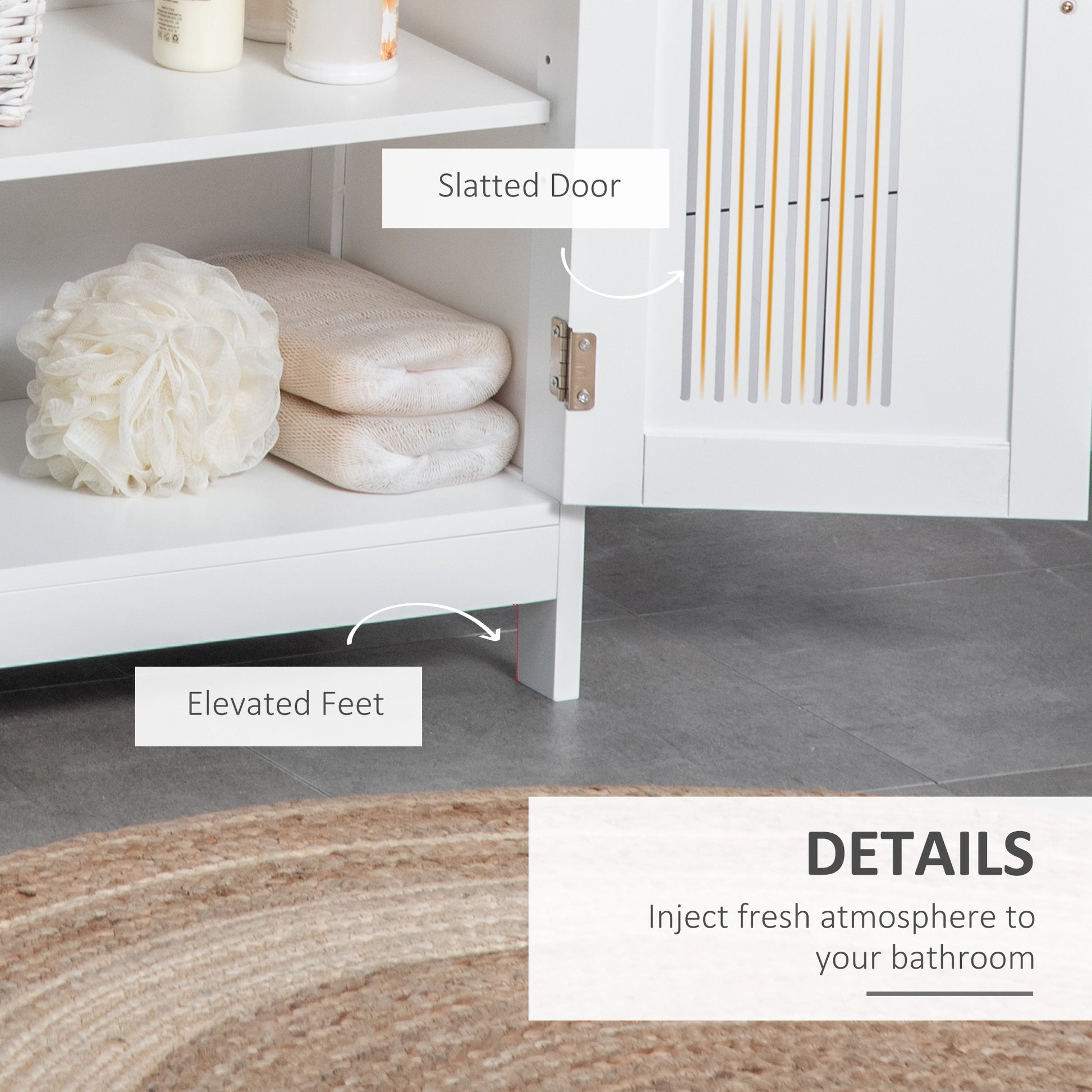White bathroom storage cabinet with slatted door and elevated feet, towels and bath sponge