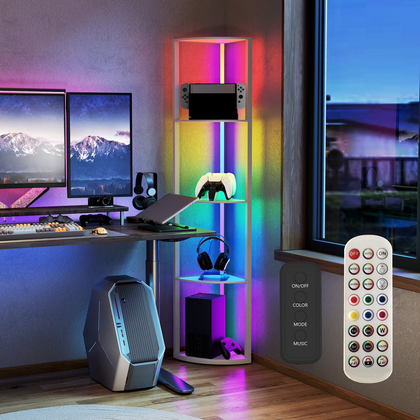 HOMCOM RGB LED Floor Lamp With Shelves 5 Tier Dimmable Standing Lamp Remote Control For Living Room Bedroom Office Grey