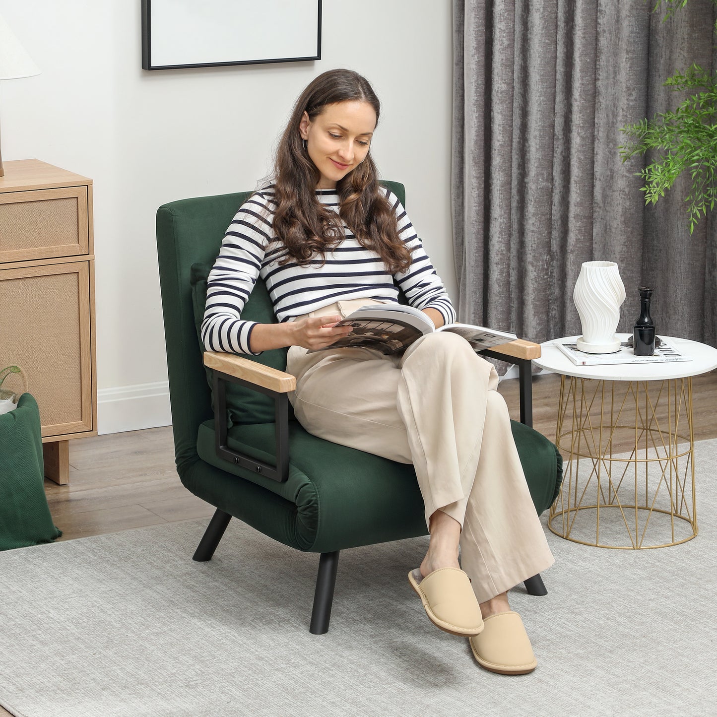HOMCOM 4-In-1 Velvet-Feel Single Chair Bed With Pillow Green Portable Folding Sofa Bed