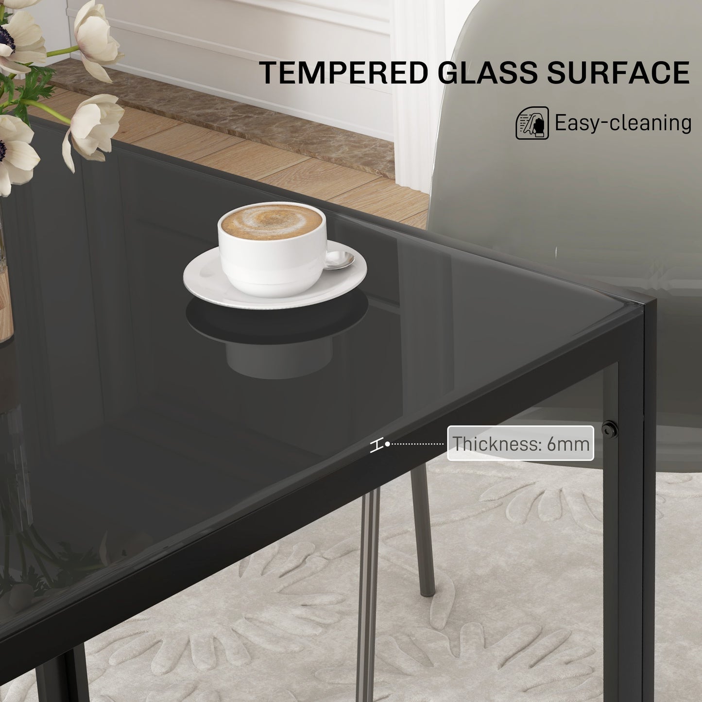 HOMCOM Modern Square Dining Table for Two to Four People with Glass Top and Metal Legs Black
