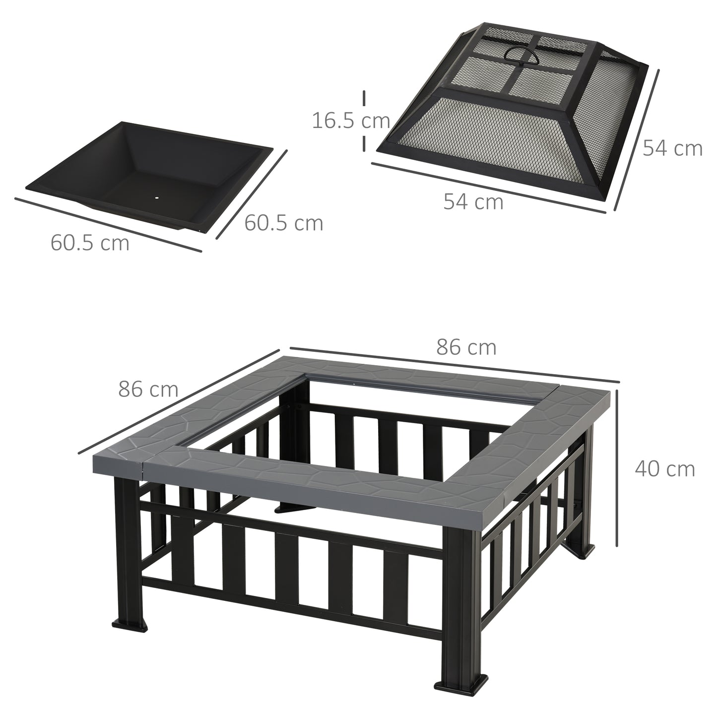 Outsunny Outdoor Square Fire Pit With Rain Cover And Log Grate For Backyard Camping BBQ Bonfire 86 x 86 x 54cm Black