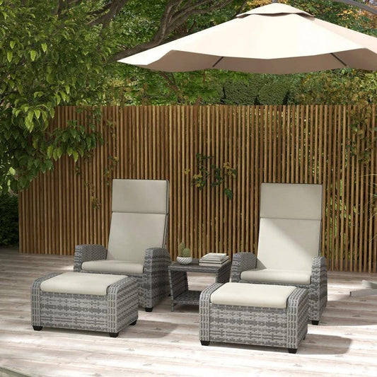 Outsunny 5-Piece Rattan Patio Reclining Chair Set with Footstools, Coffee Table, Cushions - Outdoor Garden Furniture in Grey - ALL4U RETAILER LTD