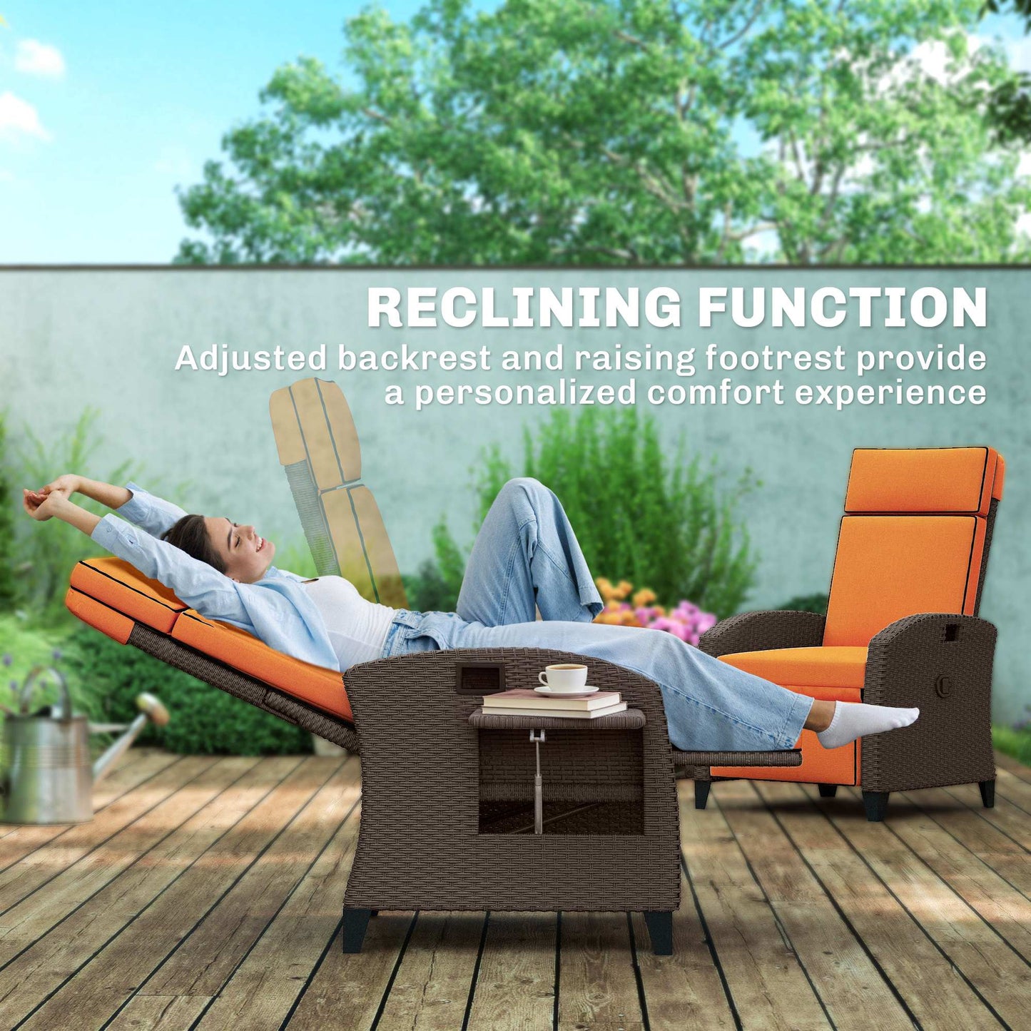 Outsunny Outdoor Garden Recliner Chair With Cushion, Adjustable Backrest And Footrest, Side Tray, Orange