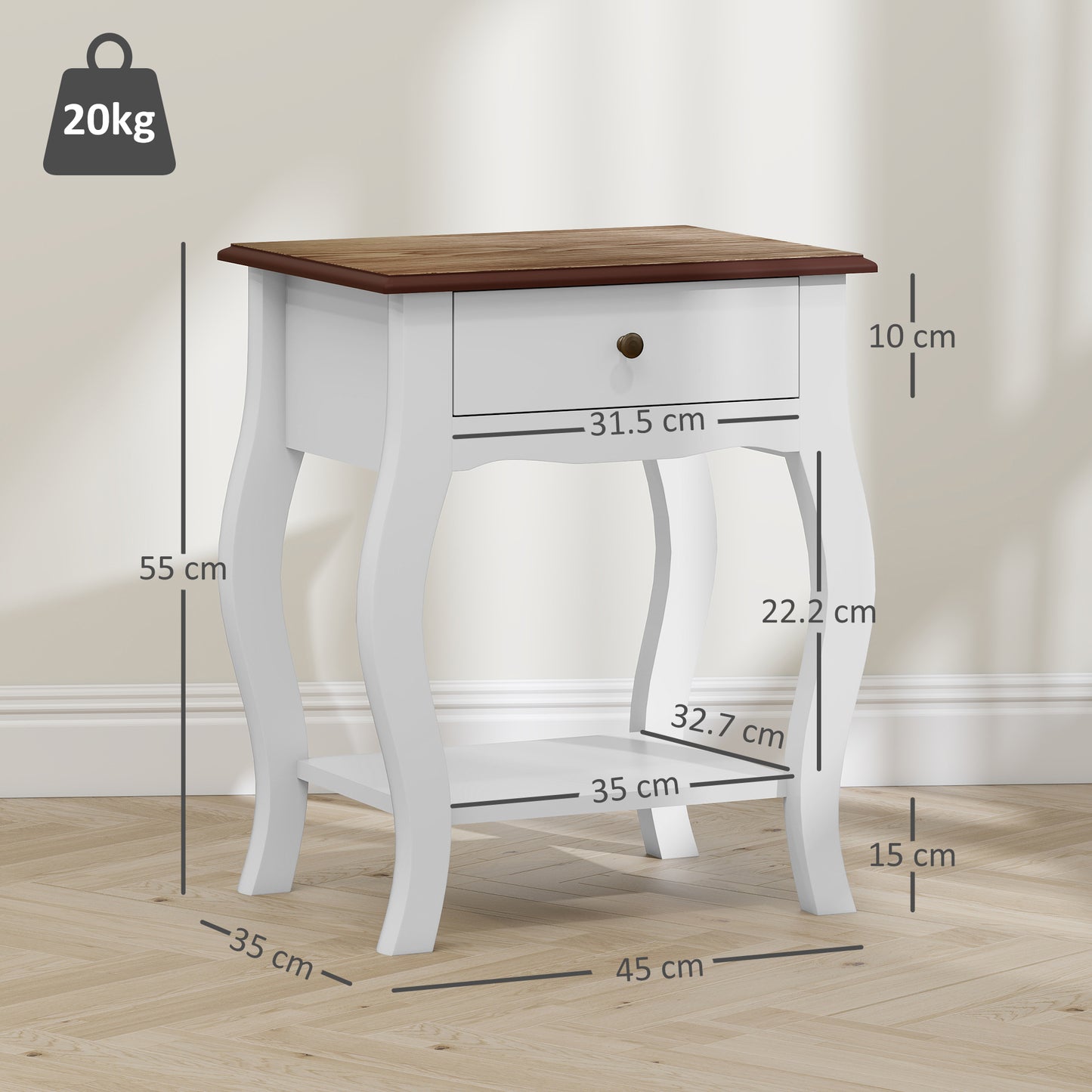 HOMCOM Two Piece Bedside Tables With Drawer In French Style With Open Shelf White Bedroom Nightstands