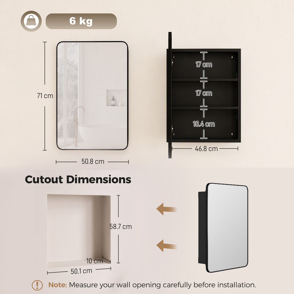 Black bathroom mirror cabinet with clear mirror, shown with size and cutout dimensions