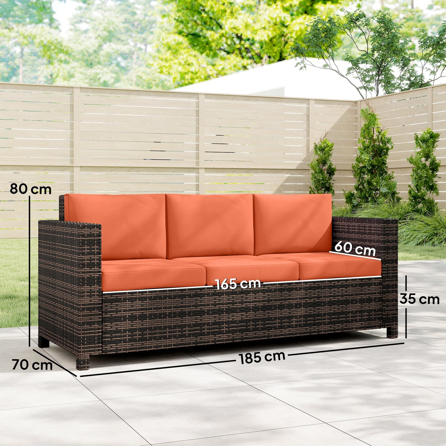 Outsunny 3 Seater Rattan Sofa All Weather Wicker Weave Metal Frame With Fire Resistant Cushions Orange