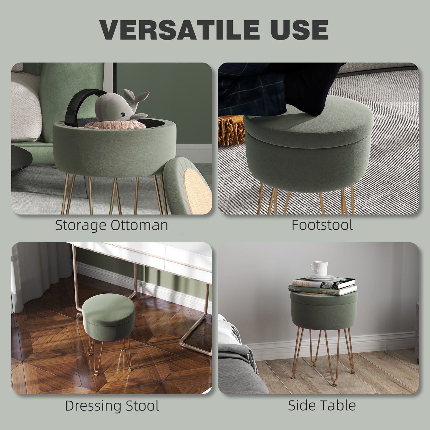HOMCOM 5L Velvet Feel Green Storage Ottoman With Gold Hairpin Legs Soft Velvet Upholstery