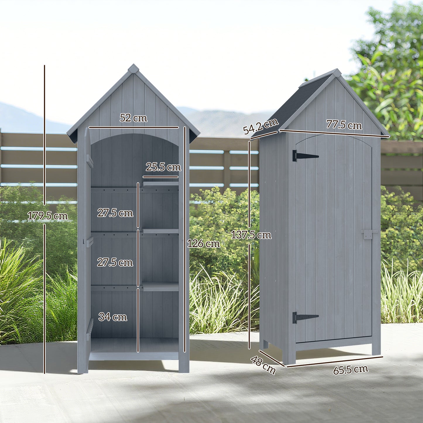 Outsunny Wooden Garden Storage Shed with 3 Shelves, Outdoor Tool Storage Cabinet with Tilt Roof and Lockable Door, 77.5 x 54.2 x 179.5 cm, Grey