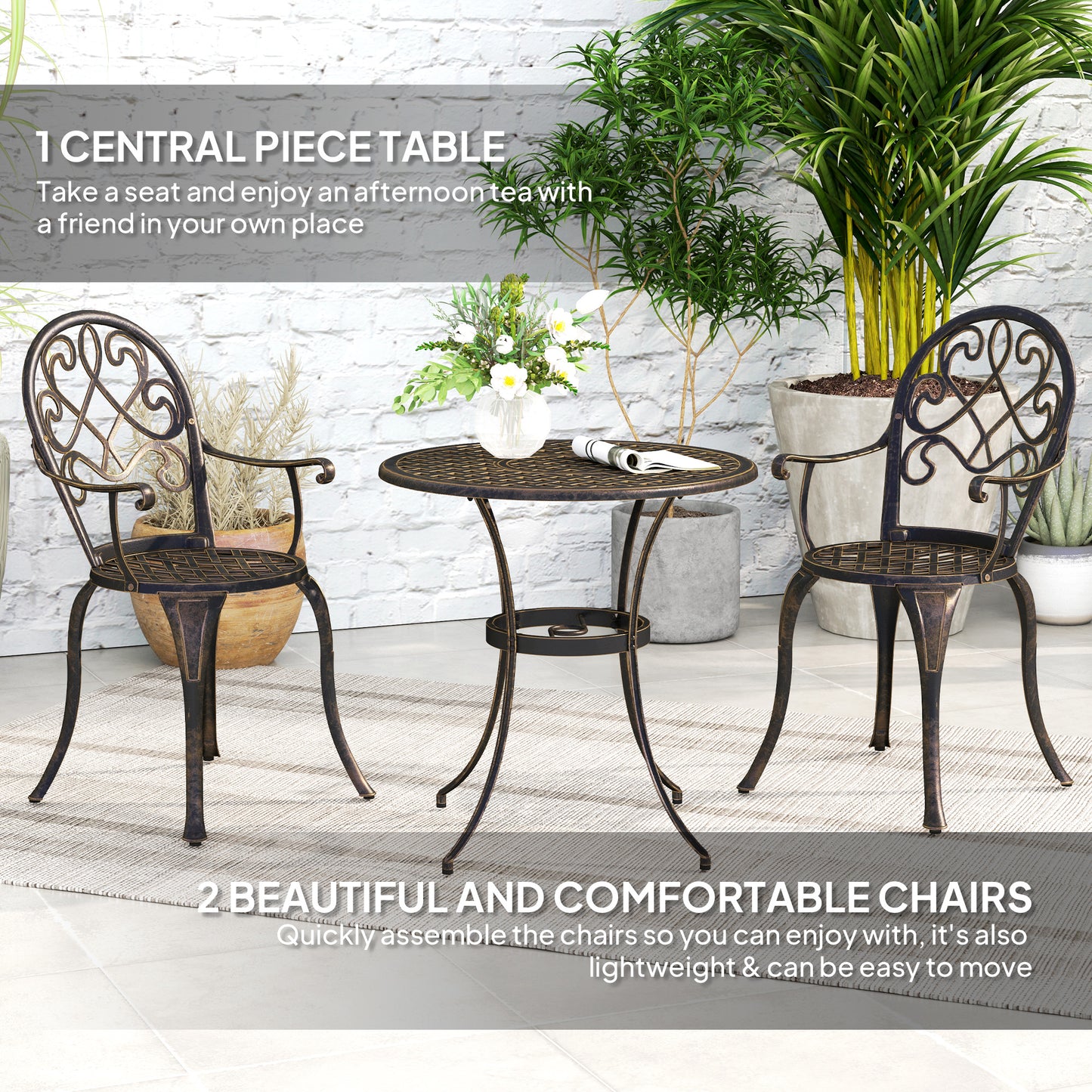 Outsunny Three Piece Aluminium Garden Bistro Set with Round Table and Two Chairs Bronze Tone Outdoor Furniture