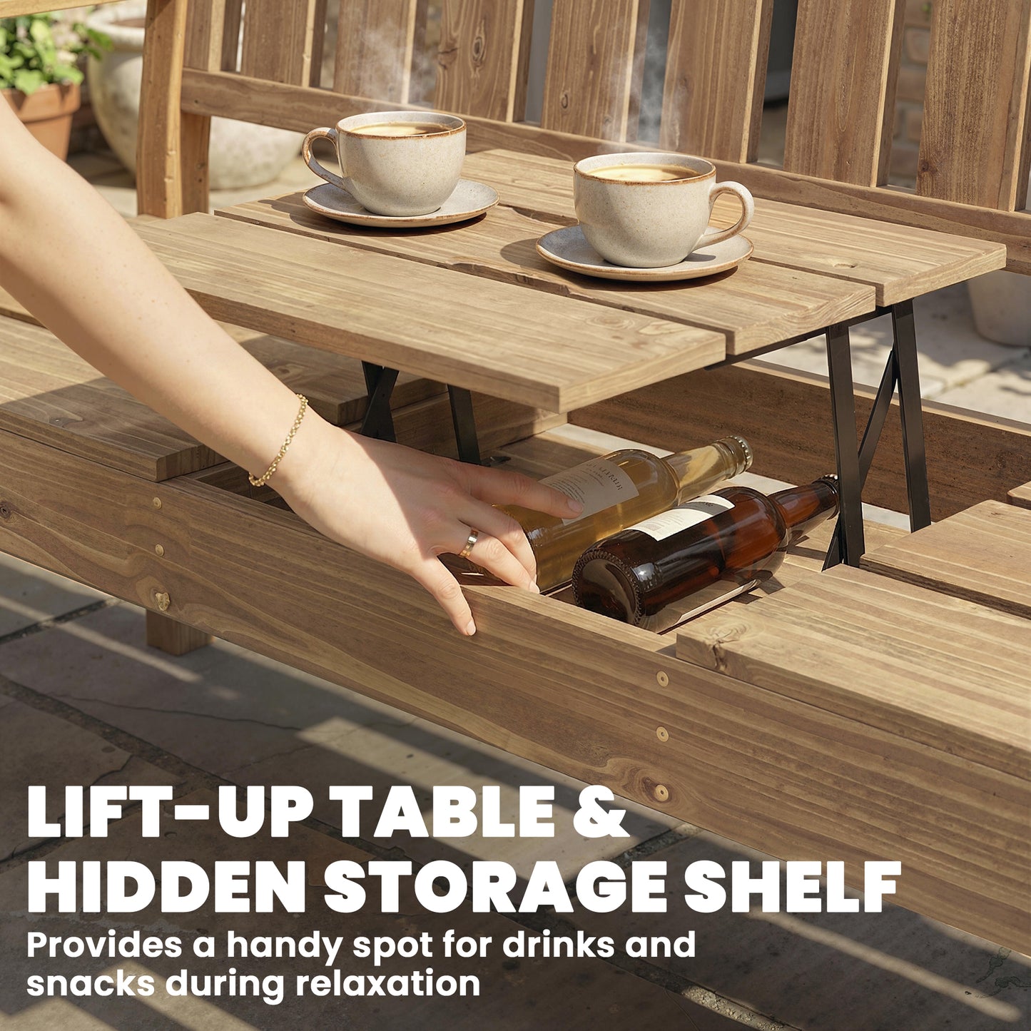 Outsunny Wooden Garden Bench With Liftable Table And Shelf Two To Three Seater Loveseat With Fir Wood Frame Teak